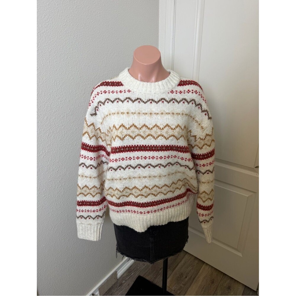 American Eagle Cozy Fair Isle Crewneck Sweater White with Red & Tan Pattern Sz M